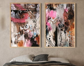 Abstract Bright Colors Painting Wall Decor 2 Fine Art Prints Set, Contemporary Abstract Modern Abstract Art