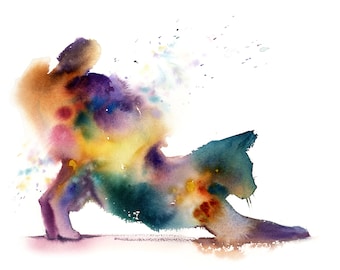 Rainbow Colorful Cat Art Print, Stretching Cat Watercolor Painting Wall Decor