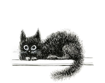 猫のイラストのファインアートプリント、白黒猫の絵のアート、壁アート