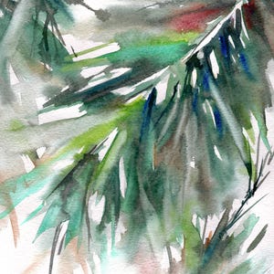 Puede incluir: Pintura a la acuarela de ramas de hoja perenne en tonos verdes, azules y grises. La obra de arte tiene un efecto suave y borroso, con pinceladas visibles y un fondo blanco. La pintura evoca un tema natural y bot&aacute;nico.
