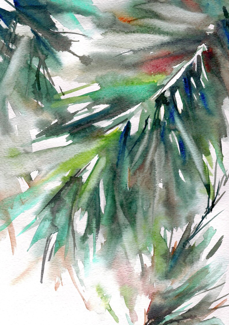 Puede incluir: Pintura a la acuarela de ramas de hoja perenne en tonos verdes, azules y grises. La obra de arte tiene un efecto suave y borroso, con pinceladas visibles y un fondo blanco. La pintura evoca un tema natural y bot&aacute;nico.