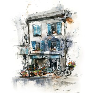 May include: Watercolour illustration of a flower shop with blue shutters and the word "FLORE" above the entrance. A bicycle with a basket of flowers is parked outside. The artwork has a sketch-like quality with watercolour washes.
