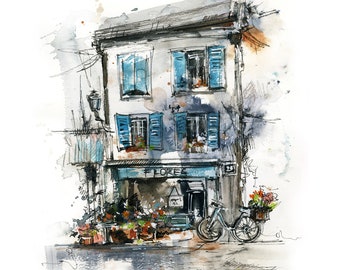 European Building Fine Art Print, Architecture Painting Flowers Shop, Europe Architecture City Scene Travel Art, City Watercolor Print