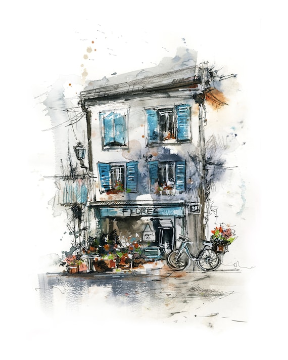 European House Wall Fine Art Print, Architecture Painting Flowers Shop, Europe Building City Scene Travel Art, City Watercolor Print