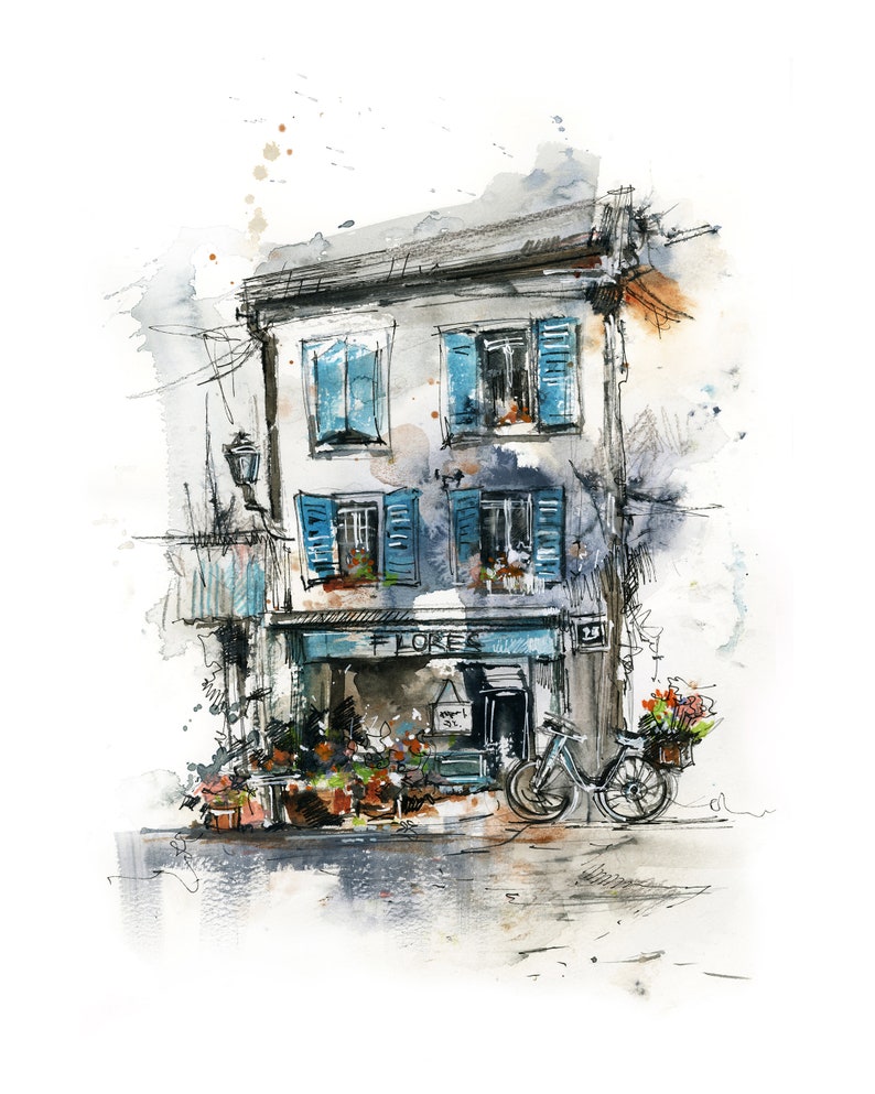 May include: Watercolour illustration of a flower shop with blue shutters and the word "FLORE" above the entrance. A bicycle with a basket of flowers is parked outside. The artwork has a sketch-like quality with watercolour washes.