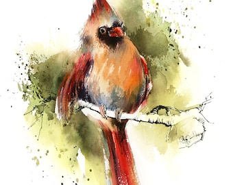 Cardinal Bird Fine Art Print for Wall Decor - Northern Cardinal Watercolor Painting Art