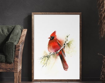 Cardinal Painting, Northern Cardinal Birds Wall Art Print, Watercolor Birds Print, Red Bird Fine Art Prints, Farmhouse Wall Art Bird Decor