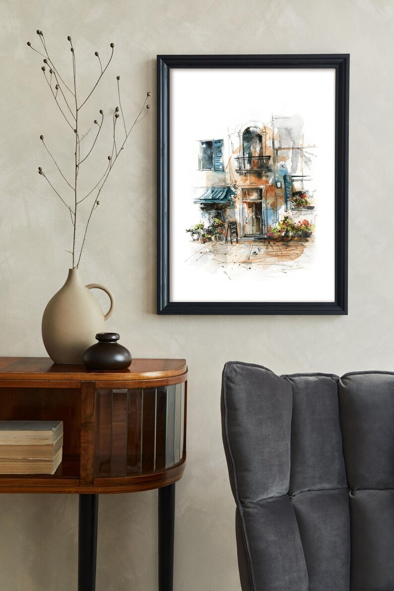 Italiaanse architectuur Fine Art Print, reizen muur decor, Italië stad scène aquarel schilderij kunst afbeelding 2