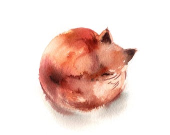 Cute Fox Fine Art Print, Fox Painting, Watercolor Illustration, Fox Art, Woodland Wall Art Print, Animal Wall Decor, Sleeping Fox Wall Art