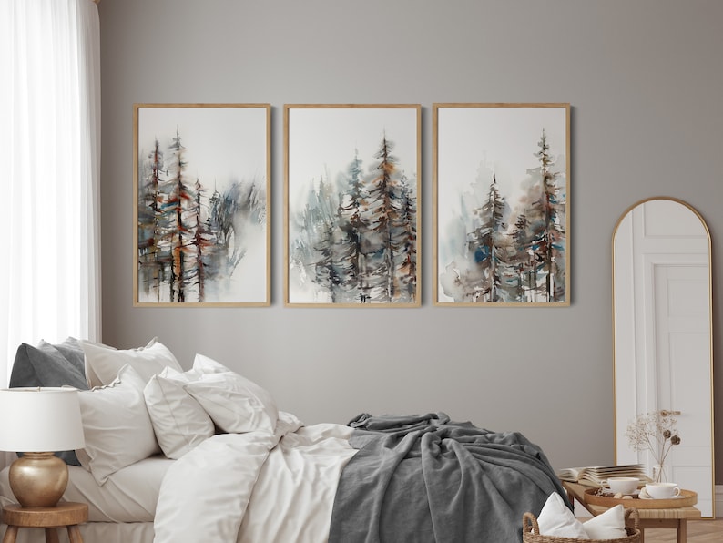 Forest 3 Prints Set, Nature Landscape Watercolor Art, Pine Trees Painting, Set of 3 Fine Art Prints, Woodland Landscape Living Room Decor image 3