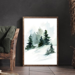 Pine Trees Landscape Print, Forest Nature Painting, Canvas Wall Print, Watercolor Landscape, Winter Nature Wall Art, Winter Holiday Decor