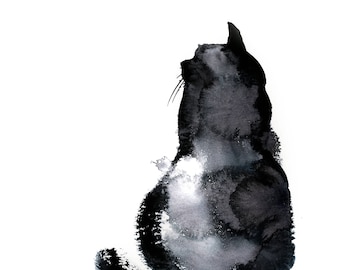 Black Cat Watercolor Painting Fine Art Print for Wall Decor