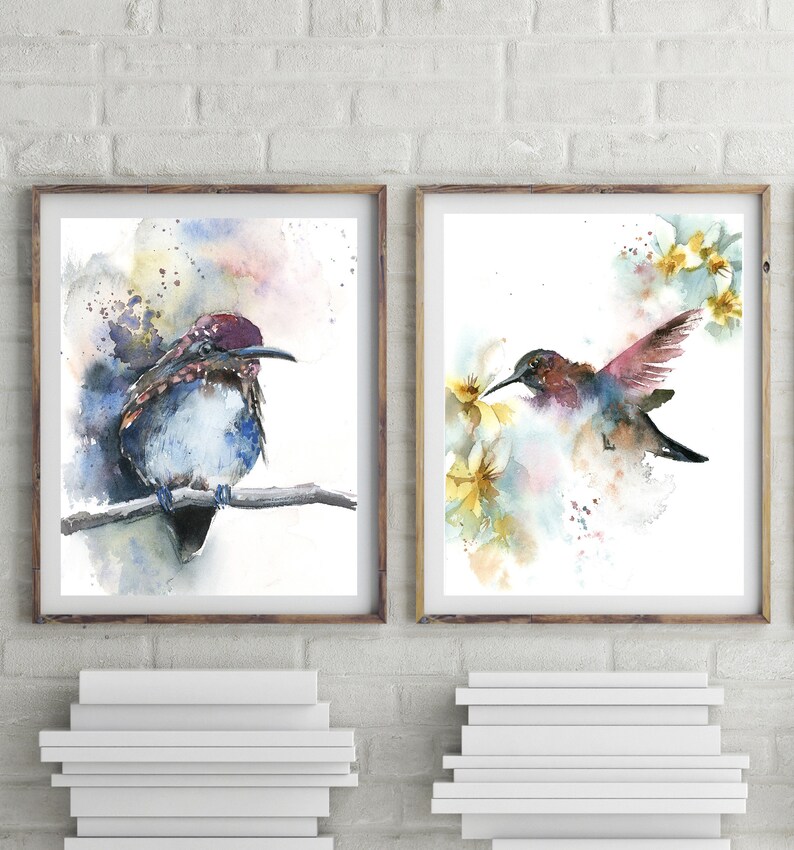 Hummingbirds Wall Decor Prints 2 Art Prints Watercolor Etsy