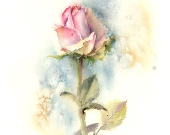 Rosa Rose Fine Art Print, Pastellfarben Einzelne Rose Aquarell Botanische Malerei