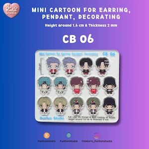 May include: A collection of mini cartoon figures for earrings, pendants, or decorating. The figures are approximately 1.6 cm in height and 2 mm thick, with a full-color UV printed and matte coating on acrylic. The text "CB 06" is visible.