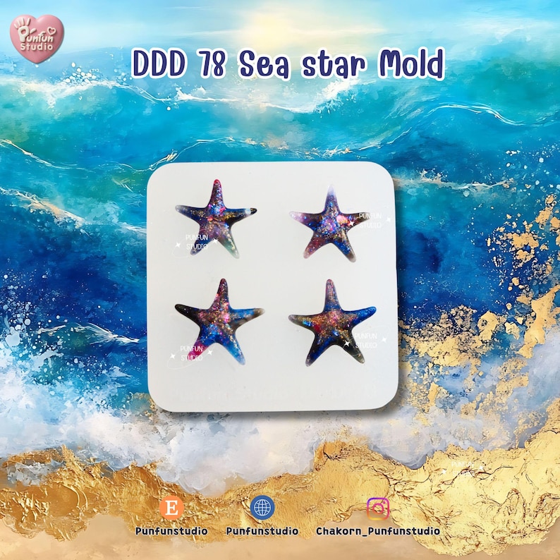 May include: A white mold with four sea star shapes. Each star is a mix of colors, including blue, purple, and pink, with a glittery effect. The text "DDD 78 Sea star Mold" is at the top.