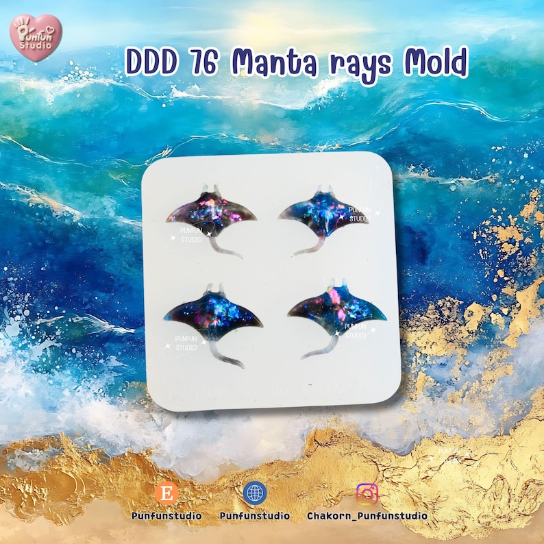May include: A white card features four manta ray molds with a galaxy design. The manta rays are in shades of blue, purple, and pink. The card is set against a background of ocean waves and gold accents. Text on the card reads "DDD 76 Manta rays Mold."