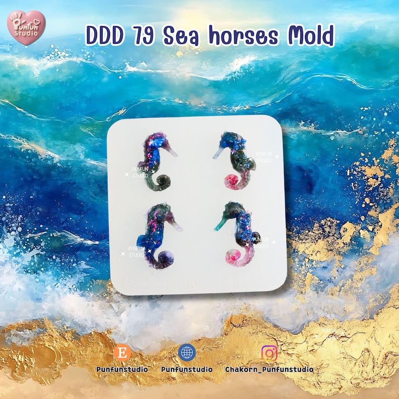 May include: A white square mold with four colorful seahorse designs. The seahorses are blue, green, and pink with a galaxy-like pattern. The text "DDD 79 Sea horses Mold" is at the top.