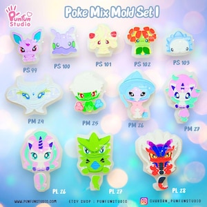 May include: A set of 10 silicone molds for making Pokemon character charms. The molds are clear and show the detailed designs of the Pokemon characters. The molds are labeled with the names of the Pokemon characters, such as Pikachu, Charmander, and Bulbasaur.