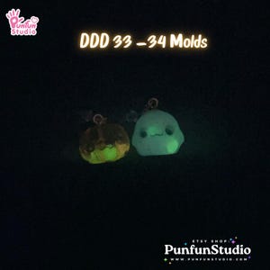 May include: Two glow-in-the-dark silicone molds for resin crafts. The molds are shaped like a ghost and a pumpkin. The molds are labeled "DDD 33-34 Molds".