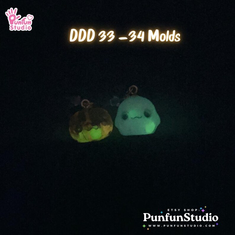 May include: Two glow-in-the-dark silicone molds for resin crafts. The molds are shaped like a ghost and a pumpkin. The molds are labeled "DDD 33-34 Molds".