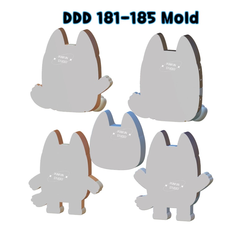 May include: Five light gray silicone molds labeled DDD 181-185 Mold, each featuring a Punfun Studio logo. The molds are shaped like cartoon animal characters with pointed ears, including standing figures and one rounded head shape, all with smooth surfaces.