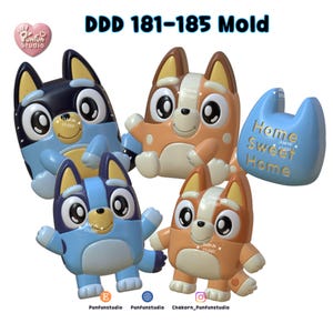 May include: A set of silicone molds featuring cartoon dog characters in blue and orange, along with a light blue mold shaped like a cat ear silhouette with the text Home Sweet Home. The text DDD 181-185 Mold is displayed at the top of the image.
