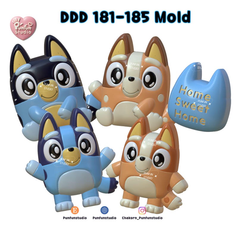 May include: A set of silicone molds featuring cartoon dog characters in blue and orange, along with a light blue mold shaped like a cat ear silhouette with the text Home Sweet Home. The text DDD 181-185 Mold is displayed at the top of the image.