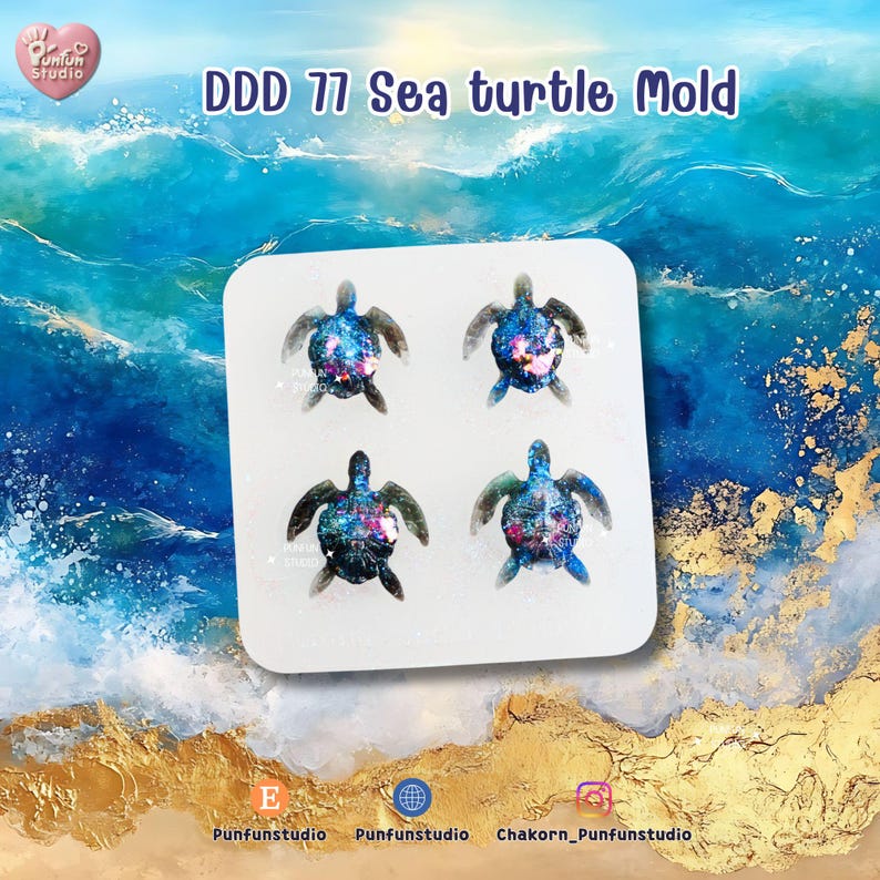 May include: A white mold with four sea turtle designs. Each turtle has a dark gray shell and flippers, with a colorful galaxy-like pattern on the shell. The text "DDD 77 Sea turtle Mold" is at the top.