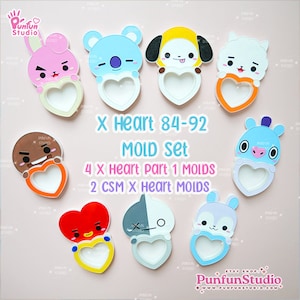 Juego de moldes de animales BT con forma de corazón (84-92) / 9 moldes / Incluye 4 moldes de corazón (parte 1) + 2 moldes de corazón CSM / K-POP / Molde de silicona / Molde para coctelera