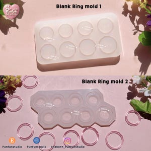 May include: Two silicone ring molds labeled "Blank Ring mold 1" and "Blank Ring mold 2". The molds are white and contain circular cavities for ring making. Pink rings are displayed next to the molds. The image includes the text "Punfun Studio".