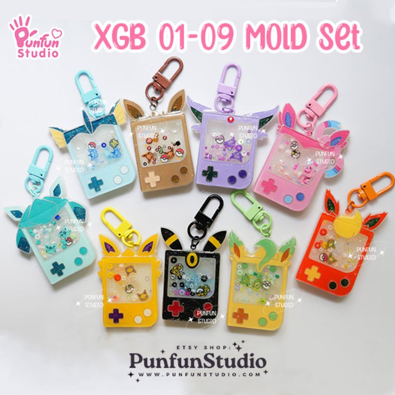 May include: A set of nine colorful resin molds for making keychains. Each mold features a different Pokemon character, including Pikachu, Charmander, Squirtle, Bulbasaur, and more. The molds are made of clear resin and have a glittery finish. The molds are labeled with the text "XGB 01-09 MOLD set".