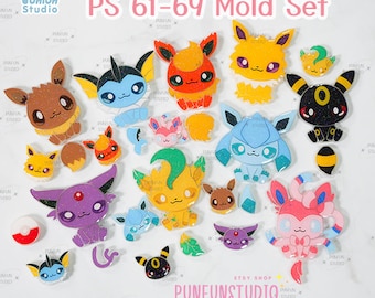 May include: A set of 16 clear resin molds featuring various Pokemon characters. The molds are arranged in a random pattern on a white background. The molds are labeled "PS 61-69 Mold Set".