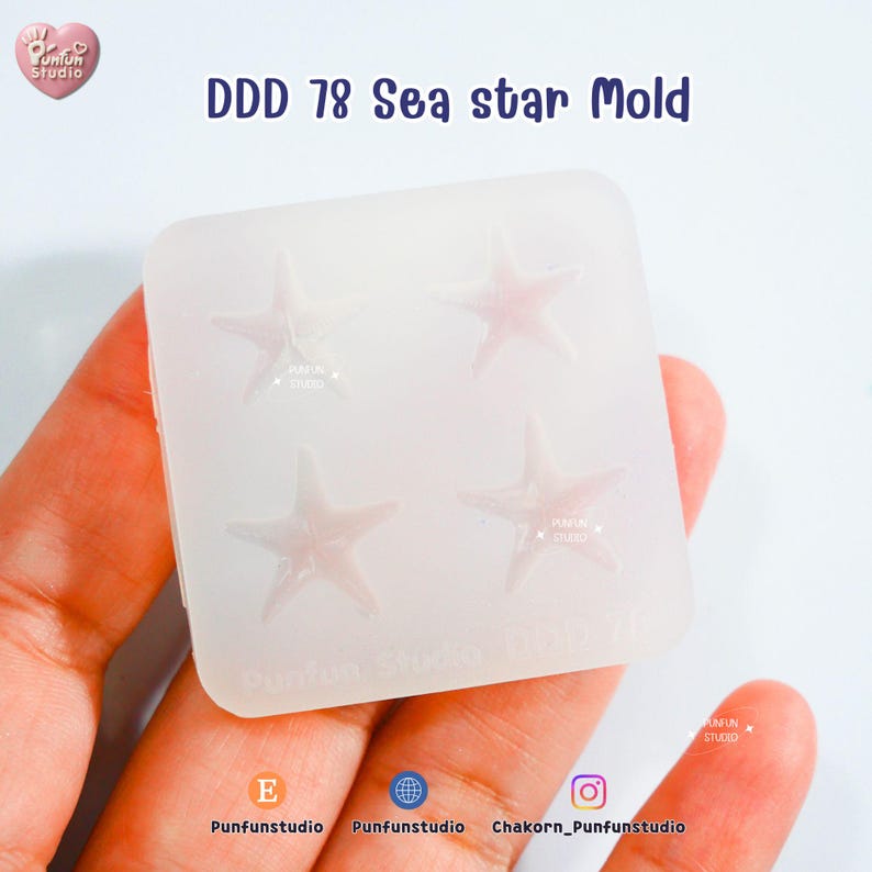 May include: A clear, square mold with four starfish impressions. The text "DDD 78 Sea star Mold" is printed in blue. The mold is held in a hand against a white background. The Punfun Studio logo is in the top left corner.
