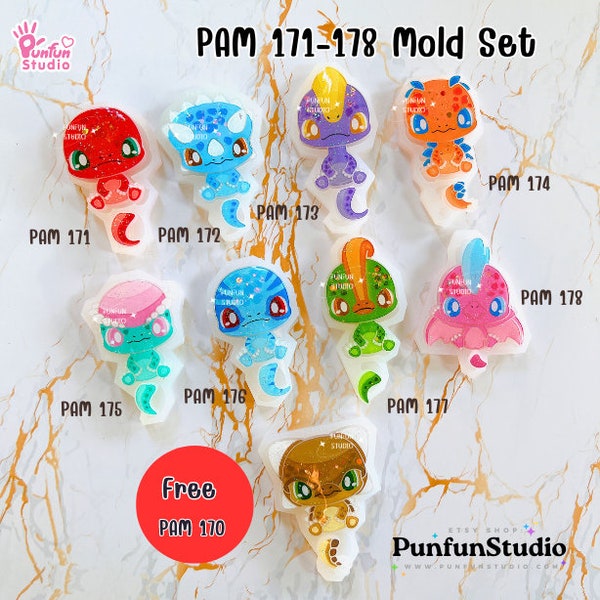 PAM 171-178 Cute Dino Mold Set / Set 8 Molds + Special Mold PAM 170 / Dinosaur / Painting Anime Mold / Silicone Mold