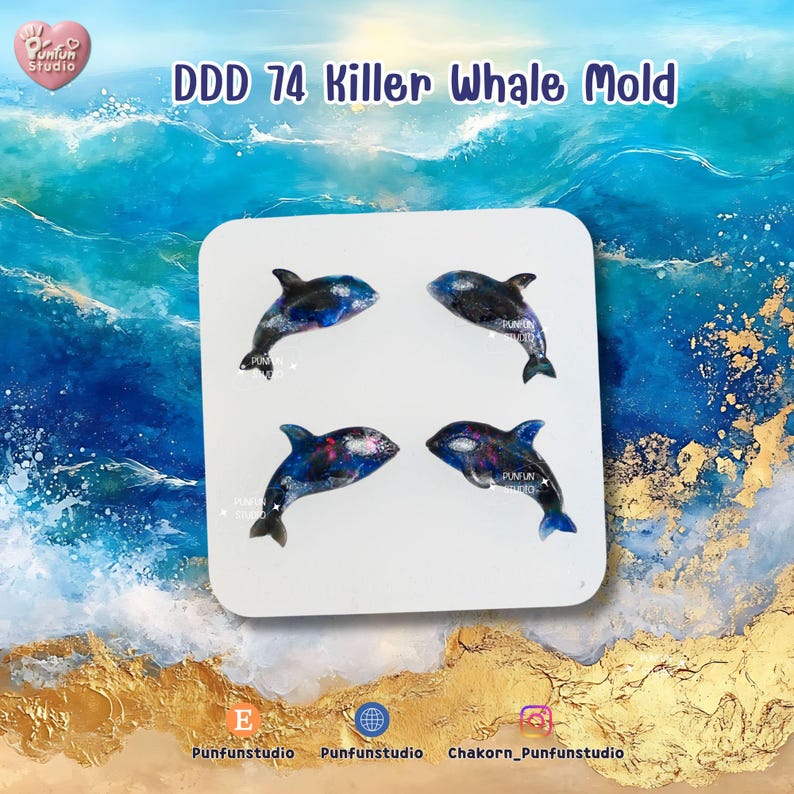 May include: A white square features four killer whale molds with a galaxy-like design. The whales are black, blue, and white. The text "DDD 74 Killer Whale Mold" is at the top. The background is a blue ocean scene.
