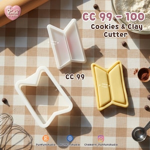 Puede incluir: Tres cortadores de galletas con forma de libro abierto estilizado. Uno es blanco, otro amarillo y otro es un contorno. El texto de la imagen dice "CC 99-100 Cookies & Clay Cutter" y "CC 99".