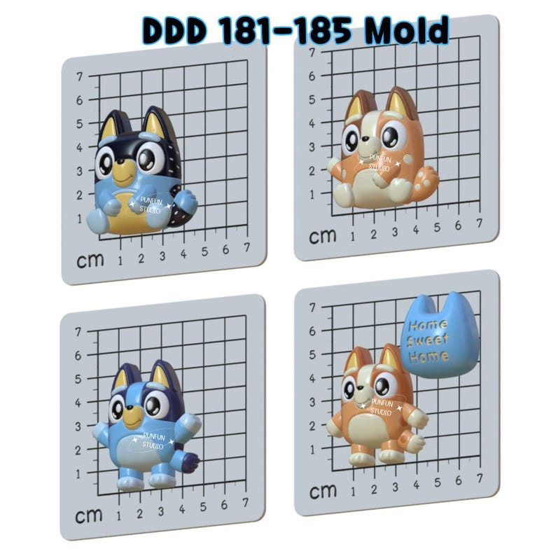 May include: Four silicone molds labeled DDD 181-185, each featuring a cartoon dog character on a grid background with centimeter markings. One mold includes a blue shape with the text Home Sweet Home. The molds are light gray with white grids.