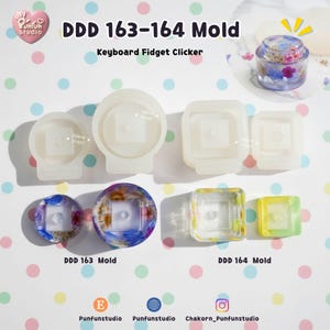Puede incluir: Una colección de moldes de silicona transparentes para manualidades, que incluyen formas redondas, cuadradas y circulares. El texto "DDD 163-164 Mold" y "Keyboard Fidget Clicker" son visibles. Algunos moldes contienen inclusiones florales coloridas.