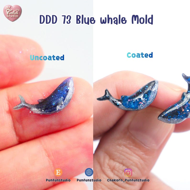 May include: The image shows two blue whale molds, one uncoated and one coated. The molds are small, with a detailed design. The text "DDD 73 Blue whale Mold" is at the top. The word "Uncoated" is written in blue on the left, and "Coated" on the right.