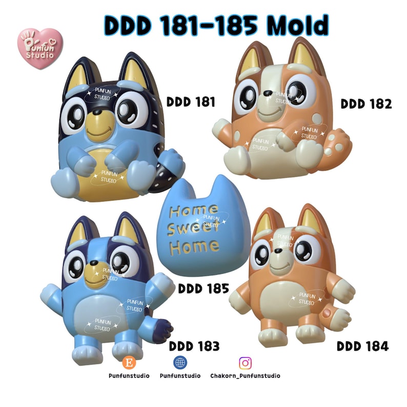 DDD 181-185 Sweet Dog Family Mold / 3D Mold / Blue / High-relief / Silicone Mold / Epoxy Resin, Plaster, Soap, Candle Mold image 2