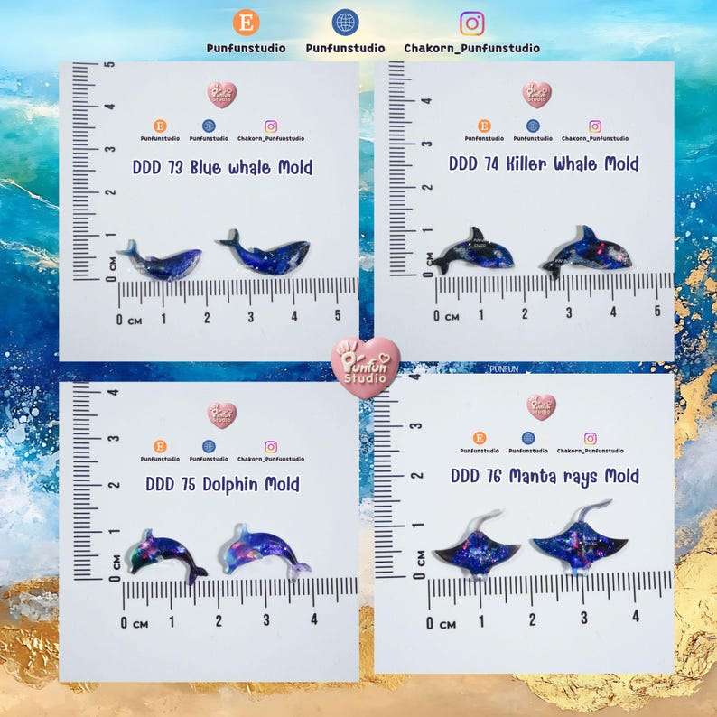 May include: Four resin molds featuring marine life: a blue whale, a killer whale, a dolphin, and manta rays. Each mold is displayed on a white card with a centimeter ruler for scale. The molds are in shades of blue and purple.