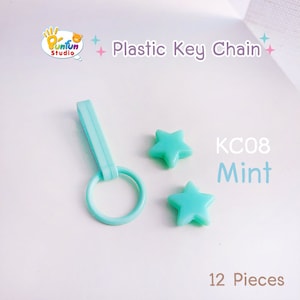 May include: A set of 12 mint green plastic star keychains. The keychains are attached to a mint green plastic ring and a mint green plastic clip. The keychains are labeled "KC08 Mint".