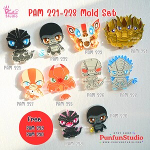 May include: A set of 10 silicone molds for making miniature monster figures. The molds are in various colors, including black, gray, orange, gold, and white. The molds are shaped like different monsters, including Godzilla, King Kong, and Mothra. The molds are labeled with the numbers 221-228. The set also includes two free molds, labeled 229 and 230.