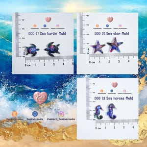 May include: Image of three different sea creature molds: sea turtles, sea stars, and sea horses. Each mold is approximately 1 inch in length. The molds are made of a translucent material with a galaxy-like design in shades of blue, purple, and pink.