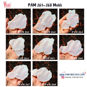 Pode incluir: Nove moldes de silicone transparentes para fundição de resina, numerados PAM 261 a 268. Os moldes têm a forma de formas abstratas e orgânicas com bordas irregulares.