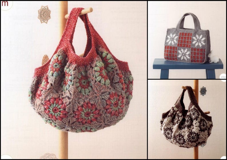 20 CROCHET BAG PATTERN-\u201cCrochet Motif Bags-Asashi Original\u201d-Full Complete Japanese Craft E-Book #212.Two Instnat Download Pdf files.