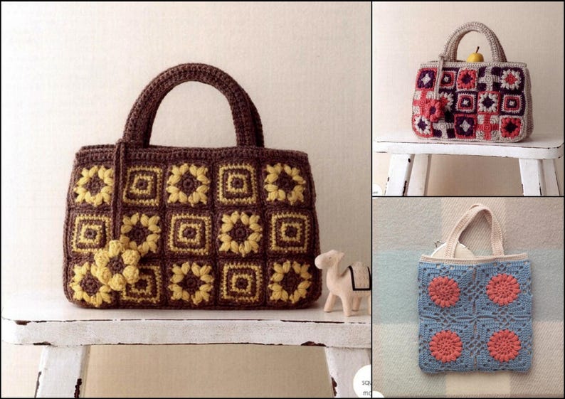 20 CROCHET BAG PATTERN-\u201cCrochet Motif Bags-Asashi Original\u201d-Full Complete Japanese Craft E-Book #212.Two Instnat Download Pdf files.