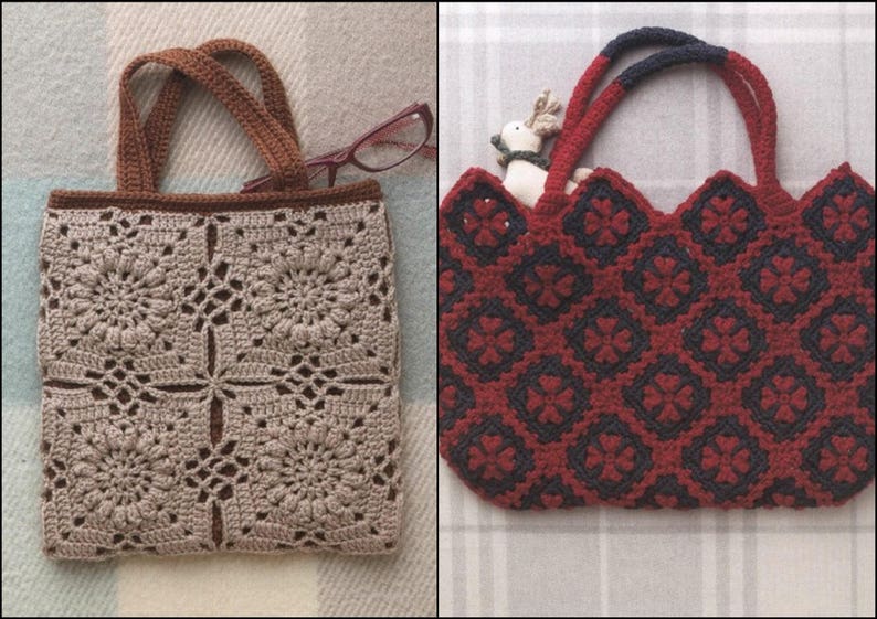 20 CROCHET BAG PATTERN-\u201cCrochet Motif Bags-Asashi Original\u201d-Full Complete Japanese Craft E-Book #212.Two Instnat Download Pdf files.