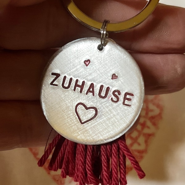 ZUHAUSE hand stamped tag with a cotton tassel | keychain for you home or daughters first apartment, home sweet home, room mate gift